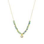 Colar para mulher em aço inoxidável dourado, com pedras naturais na cor turquesa e pendente de um brilhante transparente, produzido pela Twobrothers