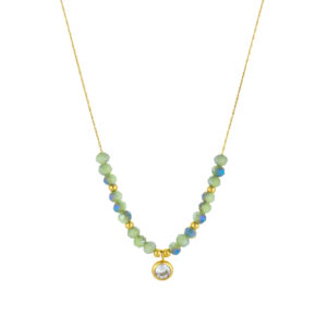 Colar para mulher em aço inoxidável dourado, com pedras naturais na cor turquesa e pendente de um brilhante transparente, produzido pela Twobrothers