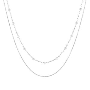 Colar duplo para mulher, em aço inoxidável prateado com pérolas brancas discretas e elegantes, para um look elegante e requintado da marca Twobrothers.