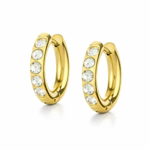 Brincos argola para mulher, em aço inoxidável antialérgico dourado com brilhantes transparentes, da marca Twobrothers.