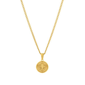 Colar homem dourado espirito santo com pendente em forma de medalha. Colar homem em aço inoxidável.