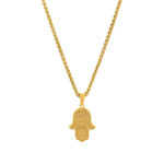 Colar homem corrente dourada com pendente mão de Fátima em aço inoxidável.