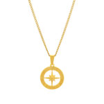 Colar masculino dourado com pendente medalha bússola em aço inoxidável.
