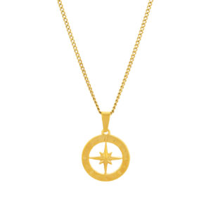 Colar masculino dourado com pendente medalha bússola em aço inoxidável.