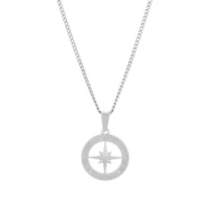 Colar masculino com pendente medalha bússola em aço inoxidável.