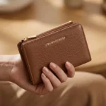 Carteira mulher em pele castanhas granulada.