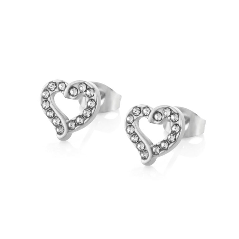 Brincos mulher prateados em forma de coração com brilhantes