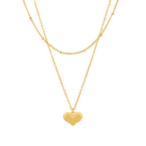 Colar mulher duplo dourado em aço inoxidável com pendente em forma de coração.