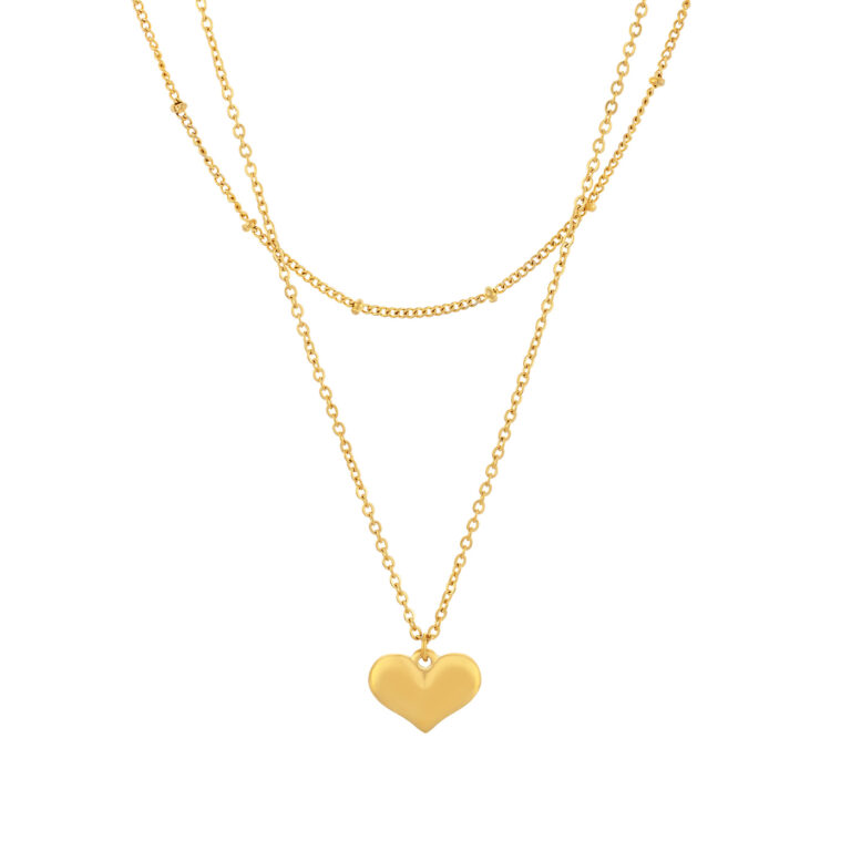 Colar mulher duplo dourado em aço inoxidável com pendente em forma de coração.