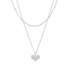 Colar mulher duplo prateado em aço inoxidável com pendente em forma de coração.