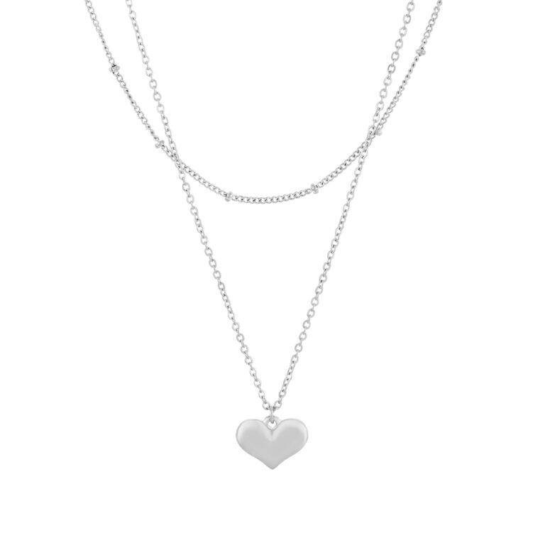 Colar mulher duplo prateado em aço inoxidável com pendente em forma de coração.