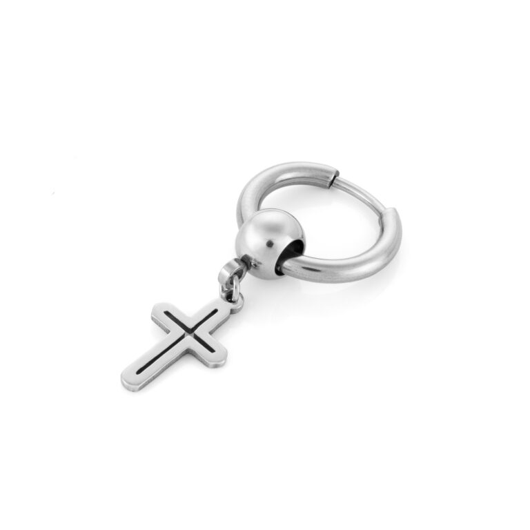 Brinco Prateado para Homem com pendente de uma cruz Imola, em aço inoxidável