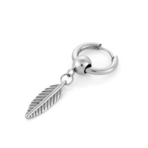 Brinco Prateado para Homem com pendente de uma pena, em aço inoxidável