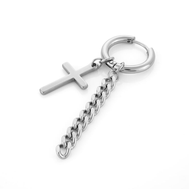 Brinco Prateado para Homem com Cruz e Corrente, em aço inoxidável