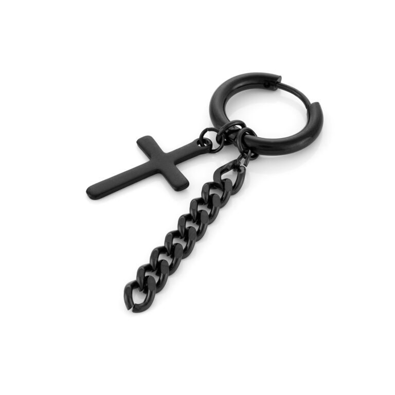 Brinco Preto para Homem com Cruz e Corrente, em aço inoxidável