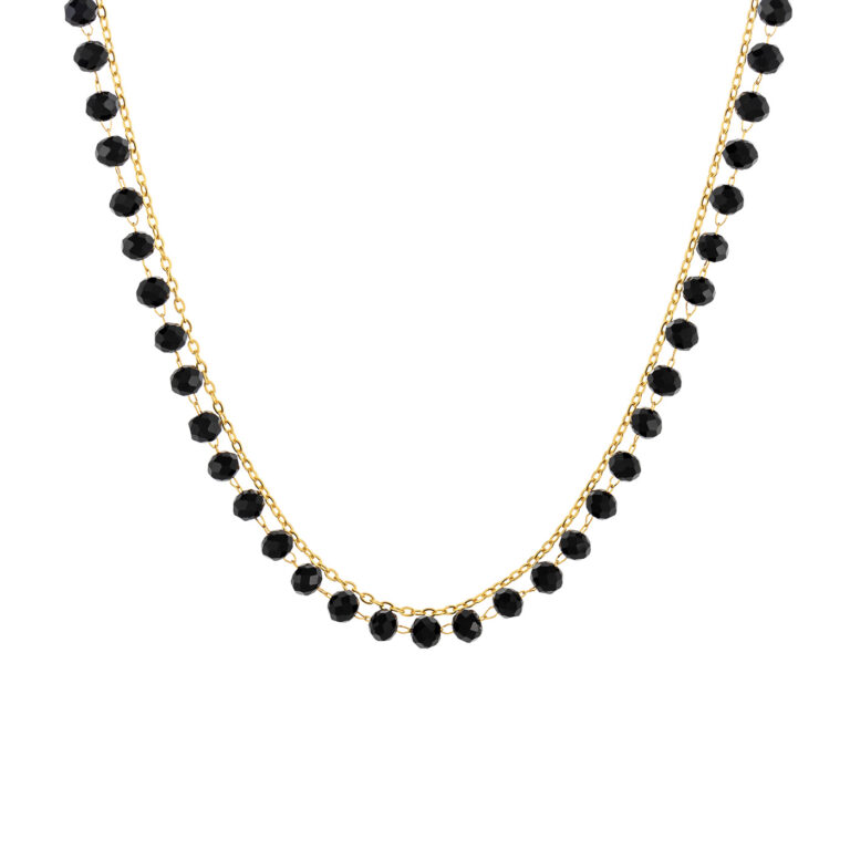 colar mulher duplo dourado com pedras pretas
