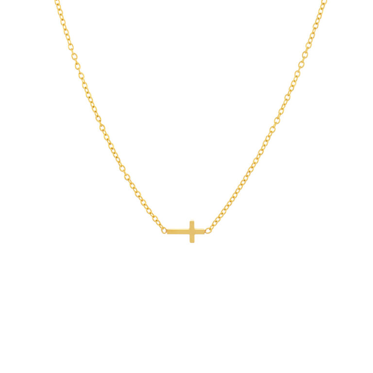 colar mulher com cruz deitada em aço inoxidável dourado