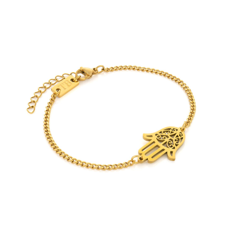 Pulseira para mulher dourada com mão de Fátima em aço inoxidável.