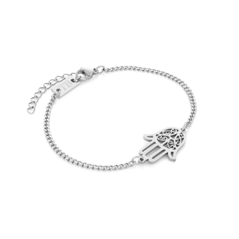 Pulseira para mulher prateada com mão de Fátima em aço inoxidável.