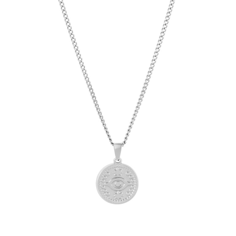 Colar Homem Prateado com medalha de olho turco, para homem, produzido em aço inoxidável que não faz alergia, na categoria de moda em Portugal